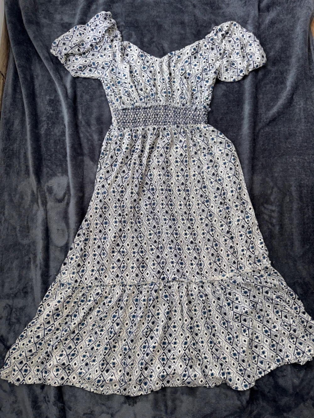 Smocked Waist Blue & White Printed Midi Dress